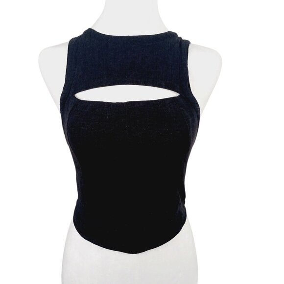 Free People XS Black Fitted Tank with Front & Back Cut Out Detail, Back Smocking - Picture 1 of 16